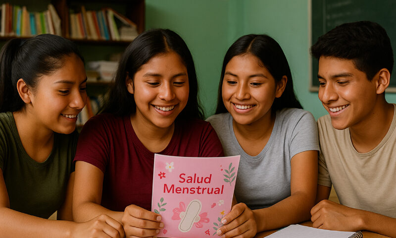Adolescentes en aula leyendo folleto informativo sobre salud menstrual como parte de una sesión educativa promovida por Prisma ONG.