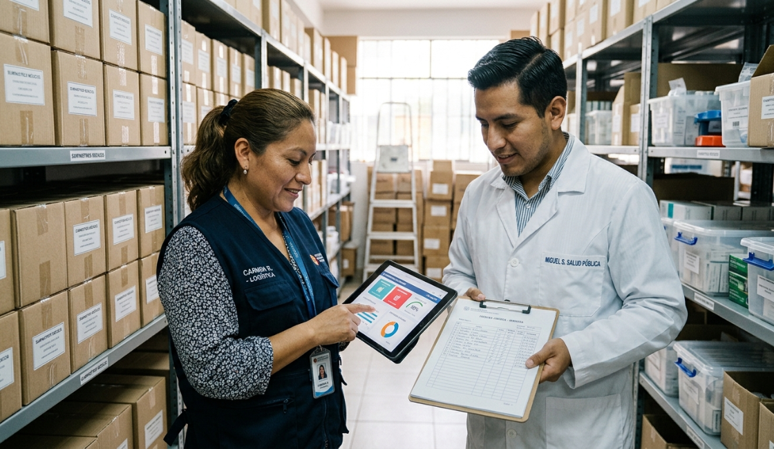 Compras públicas de medicamentos: personal de salud revisa el inventario en un almacén de suministros médicos en Perú