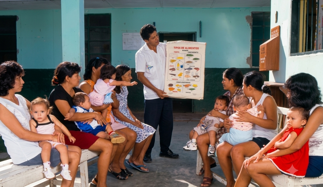 Sesión de educación nutricional con madres y cuidadores para la prevención de la anemia infantil.