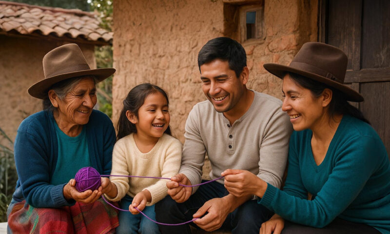 Familia andina unida desenrollando hilo frente a su hogar, símbolo de trabajo conjunto y tradiciones. Foto para el Día Internacional de la Familia.