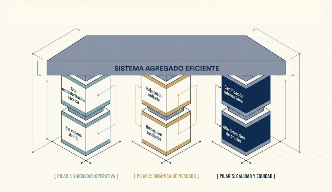Diagrama de los tres pilares para la agregación óptima en compras públicas de medicamentos: viabilidad operativa, dinámica de mercado y calidad