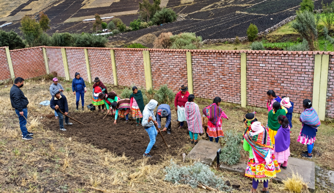 PRISMA ONG. Hombre realiza labores agrícolas en una parcela de la sierra peruana acompañado por integrantes de una comunidad andina.